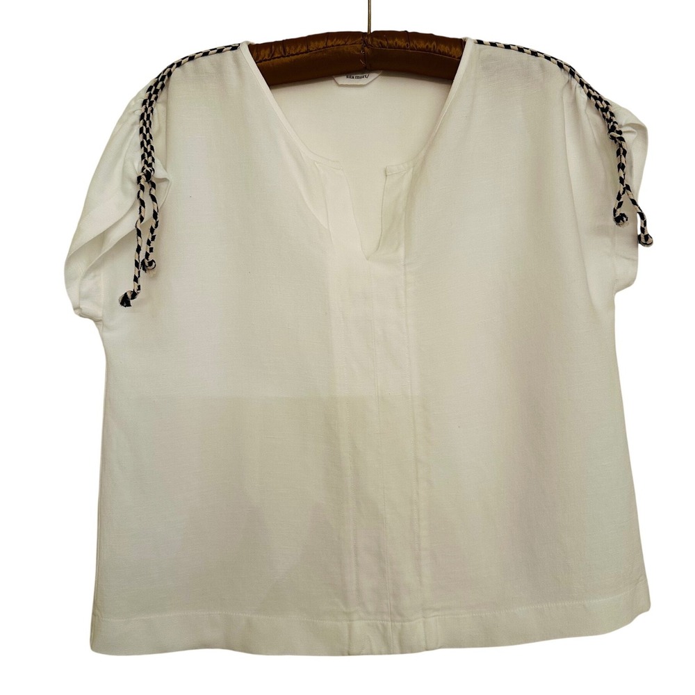Sita Murt White Linen Blend Split Neck Blouse with Braided Shoulder Trim